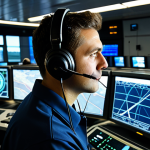 A professional air traffic controller, fully clothed in a modest professional uniform, intensely focused at a state-of-the-art console in a modern air traffic control center. Multiple glowing radar screens display intricate flight paths, and a headset is worn over their ears. The environment is dimly lit, emphasizing the bright monitors, with subtle background elements of control equipment. The controller exhibits a calm, concentrated expression, demonstrating composure under pressure. perfect anatomy, correct proportions, natural pose, well-formed hands, proper finger count, natural body proportions, high-quality professional photography, safe for work, appropriate content, family-friendly.
