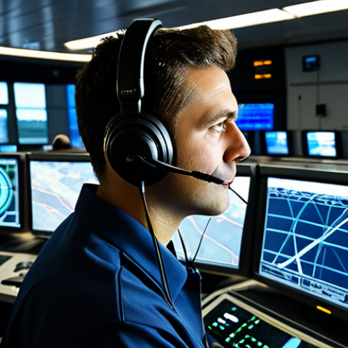 Home 4 A professional air traffic controller, fully clothed in a modest professional uniform, intensely focused at a state-of-the-art console in a modern air traffic control center. Multiple glowing radar screens display intricate flight paths, and a headset is worn over their ears. The environment is dimly lit, emphasizing the bright monitors, with subtle background elements of control equipment. The controller exhibits a calm, concentrated expression, demonstrating composure under pressure. perfect anatomy, correct proportions, natural pose, well-formed hands, proper finger count, natural body proportions, high-quality professional photography, safe for work, appropriate content, family-friendly.