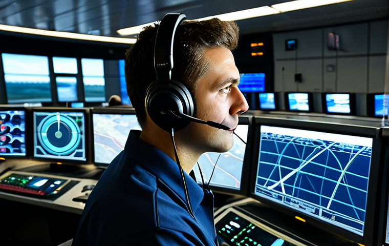A professional air traffic controller, fully clothed in a modest professional uniform, intensely focused at a state-of-the-art console in a modern air traffic control center. Multiple glowing radar screens display intricate flight paths, and a headset is worn over their ears. The environment is dimly lit, emphasizing the bright monitors, with subtle background elements of control equipment. The controller exhibits a calm, concentrated expression, demonstrating composure under pressure. perfect anatomy, correct proportions, natural pose, well-formed hands, proper finger count, natural body proportions, high-quality professional photography, safe for work, appropriate content, family-friendly.