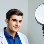 **Image Prompt:** A determined young man in a modern, professional doctor's office, getting an eye exam. He's dressed in smart casual clothing, clean background, bright lighting, showcasing advanced diagnostic equipment. Focus on a positive, hopeful expression. safe for work, appropriate content, fully clothed, professional, perfect anatomy, correct proportions, natural pose.