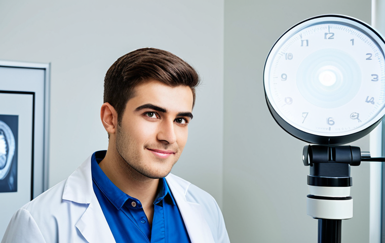 **Image Prompt:** A determined young man in a modern, professional doctor's office, getting an eye exam. He's dressed in smart casual clothing, clean background, bright lighting, showcasing advanced diagnostic equipment. Focus on a positive, hopeful expression. safe for work, appropriate content, fully clothed, professional, perfect anatomy, correct proportions, natural pose.