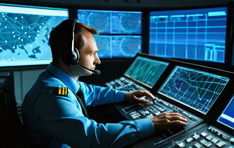 항공교통관제 실시간 대응 경험담 - **Prompt:** A highly focused, experienced male Russian air traffic controller in a modern, well-lit ...