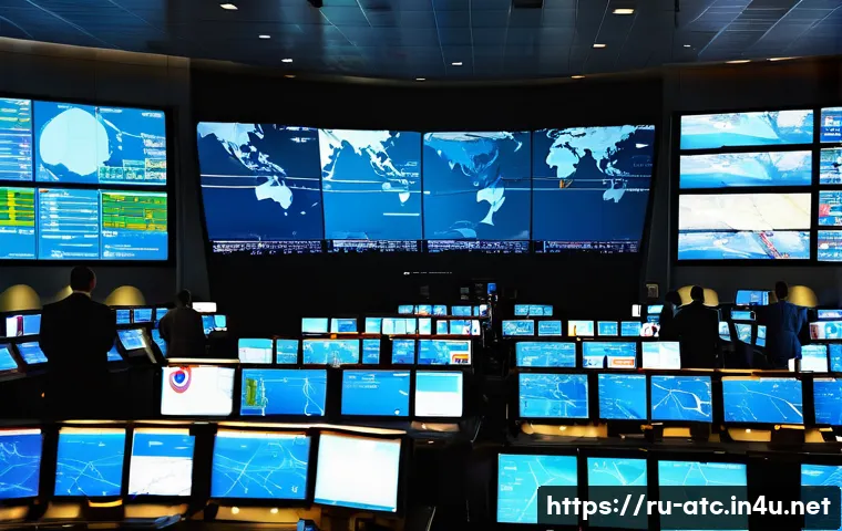 관제사와 항공사 간의 협력 사례 - A modern air traffic control center bustling with activity, featuring multiple large digital screens...