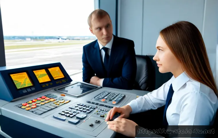 Home 15 관제사 초보자를 위한 성공적인 경력 시작 팁 - Photorealistic young Russian air traffic controller trainee seated at a modern airport control tower...