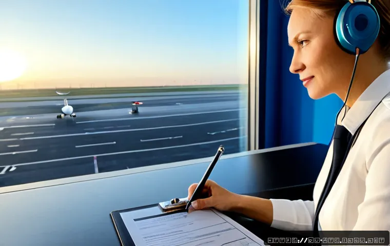 Home 17 항공교통관제사 자격증 갱신 절차 - Photorealistic Russian air traffic controller renewing professional certification at a modern aviati...
